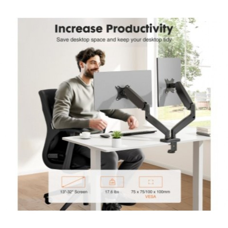 Dual Monitor Stand Arm, Gas Spring 2 Monitor Desk Mount Adjustable Height Swivel VESA Bracket With Clamp And Grommet Base Fits 13-32 Inch