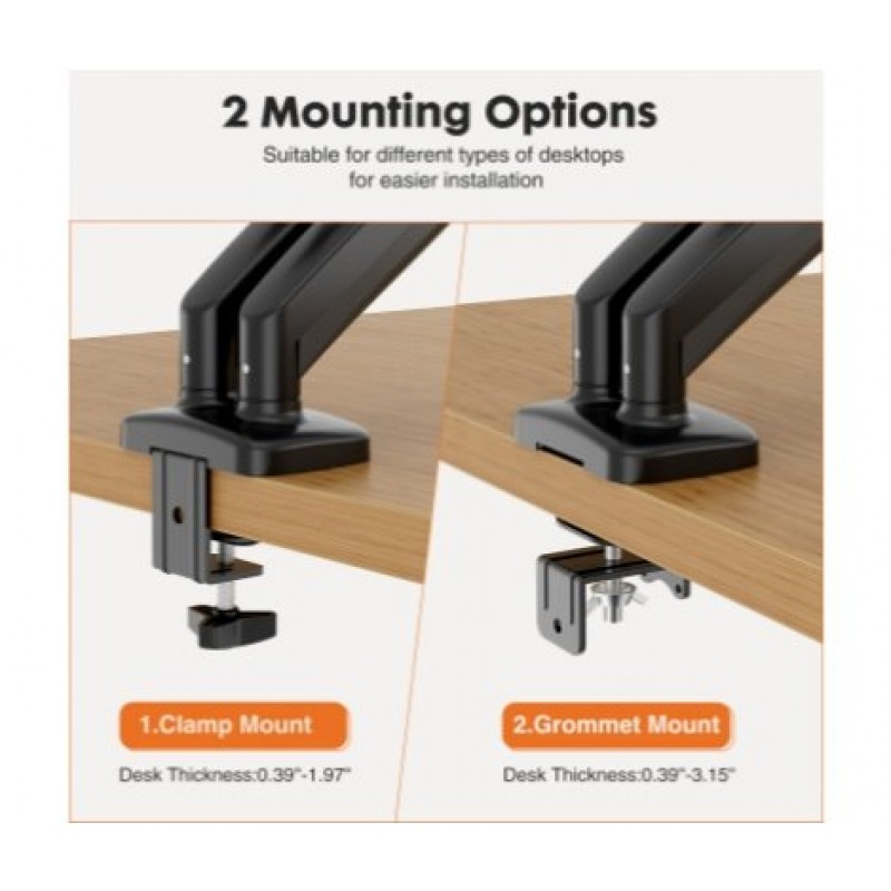 Dual Monitor Stand Arm, Gas Spring 2 Monitor Desk Mount Adjustable Height Swivel VESA Bracket With Clamp And Grommet Base Fits 13-32 Inch