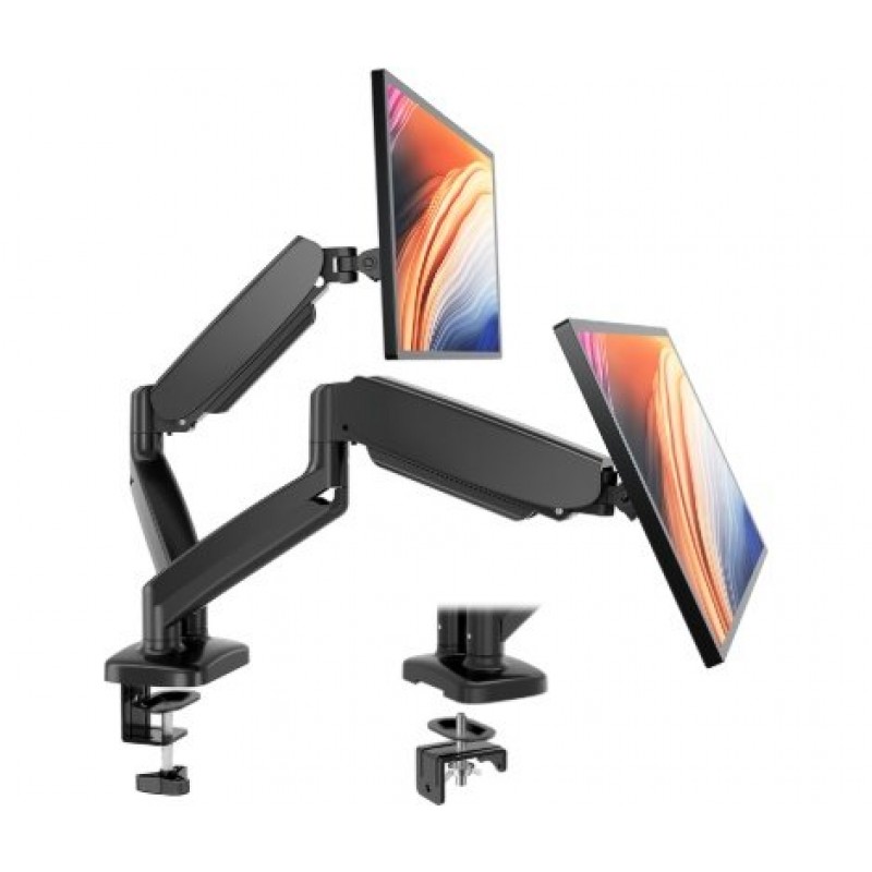Dual Monitor Stand Arm, Gas Spring 2 Monitor Desk Mount Adjustable Height Swivel VESA Bracket With Clamp And Grommet Base Fits 13-32 Inch
