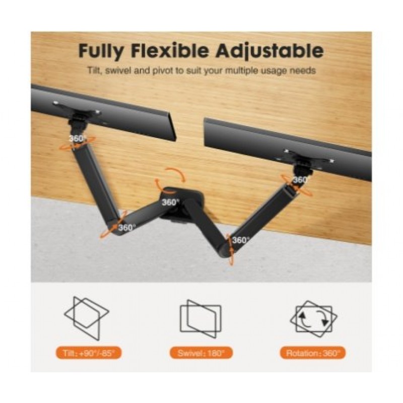 Dual Monitor Stand Arm, Gas Spring 2 Monitor Desk Mount Adjustable Height Swivel VESA Bracket With Clamp And Grommet Base Fits 13-32 Inch